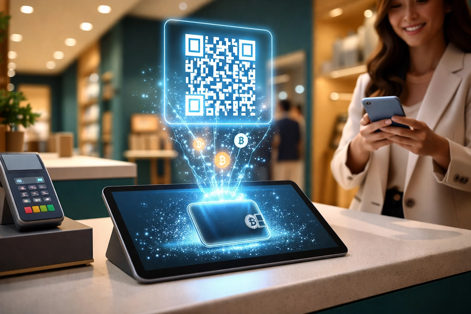 Modern retail checkout with QR code crypto payment system showing Bitcoin and Ethereum transactions to self-custody wallet