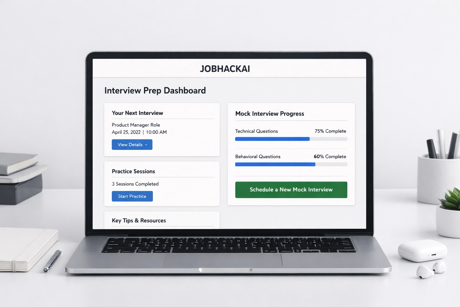 Laptop showing the JobHackAI Interview Prep Dashboard with mock interview progress, practice sessions, and scheduling features.