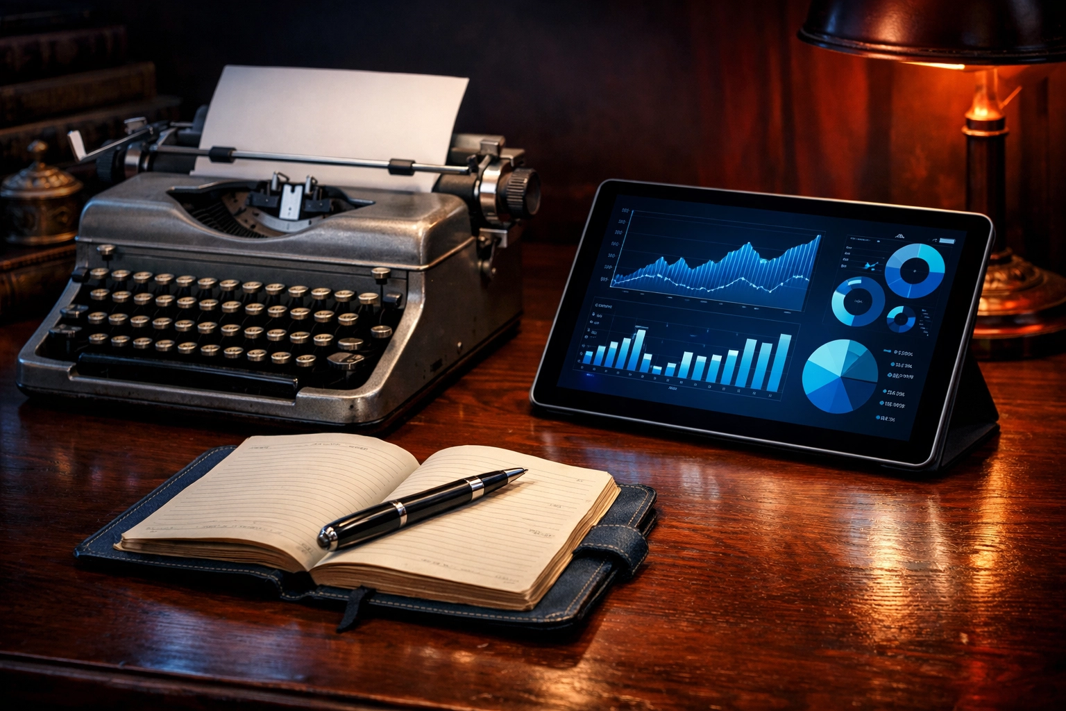 A typewriter and modern tablet on a desk, representing Christian stewardship through economic shifts.