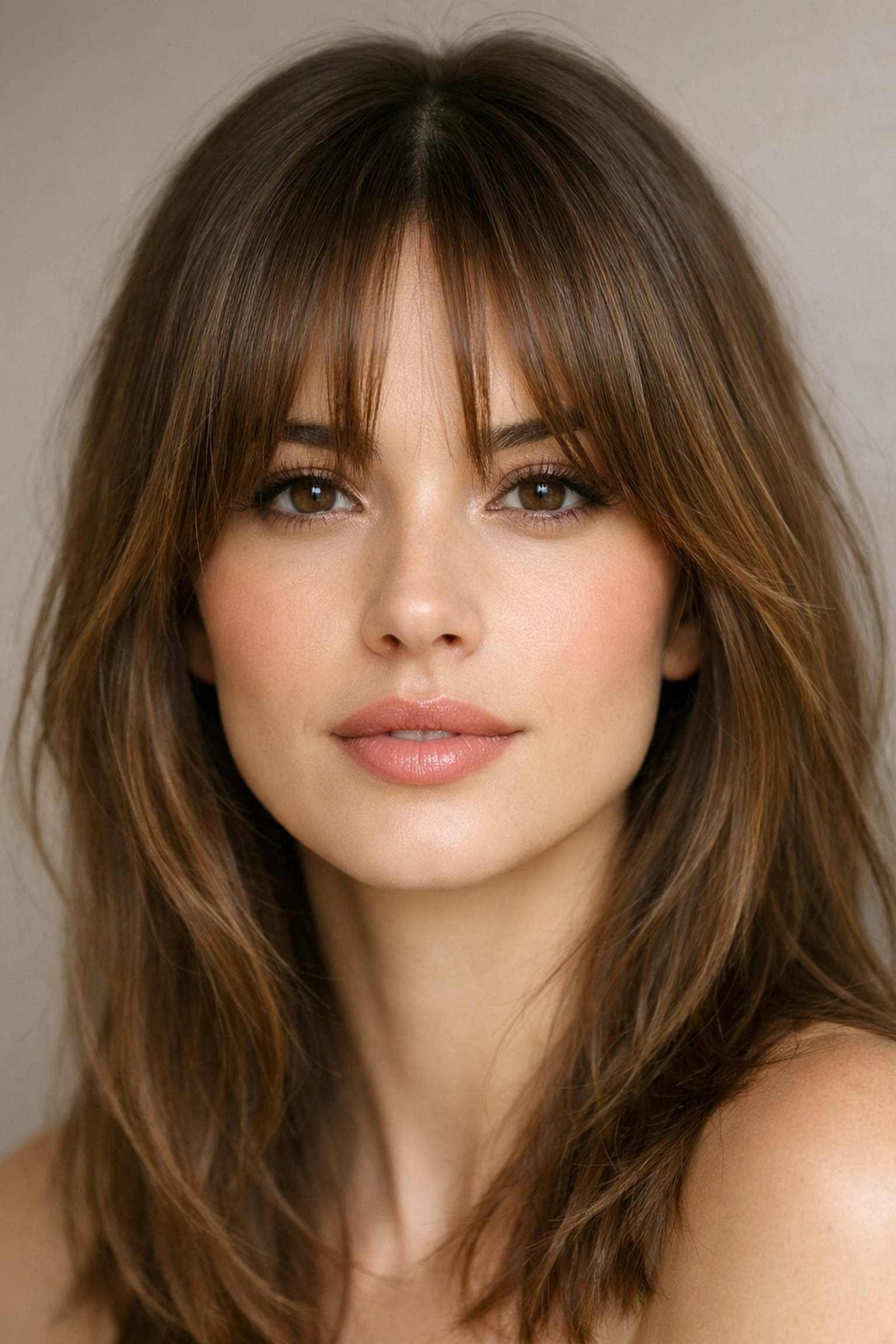 Close-up of wispy curtain bangs perfectly parted to frame the cheekbones.