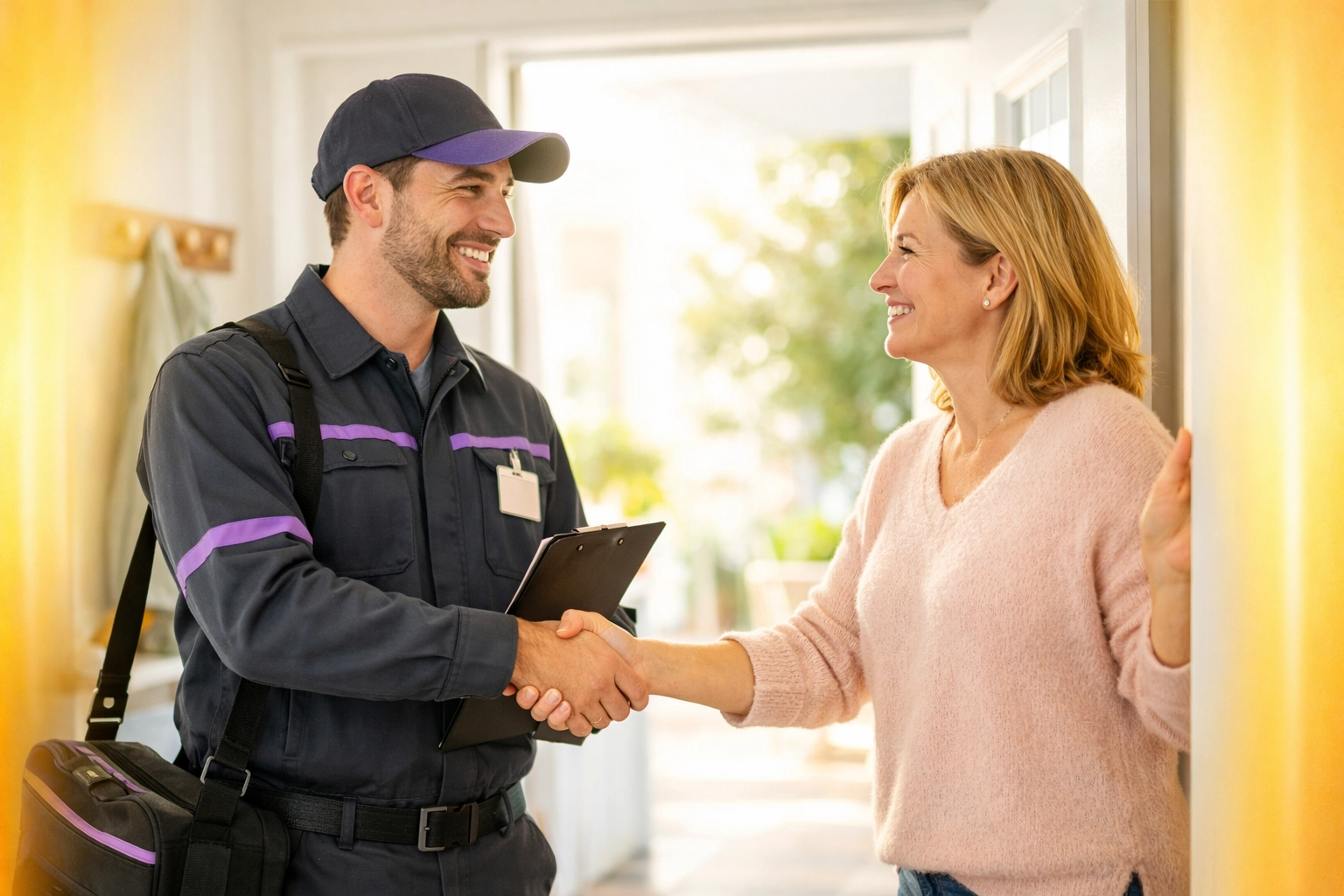 Friendly service professional interacting with a happy client to build trust and positive reviews.