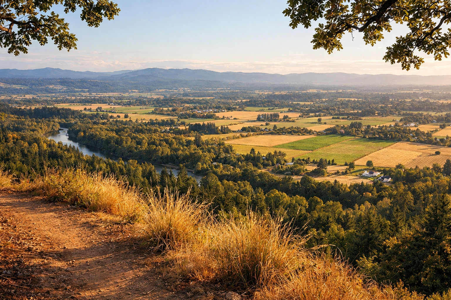 Panoramic view from Cooper Mountain looking north across the Tualatin River Valley toward the Chehalem Mountains, Beaverton Oregon