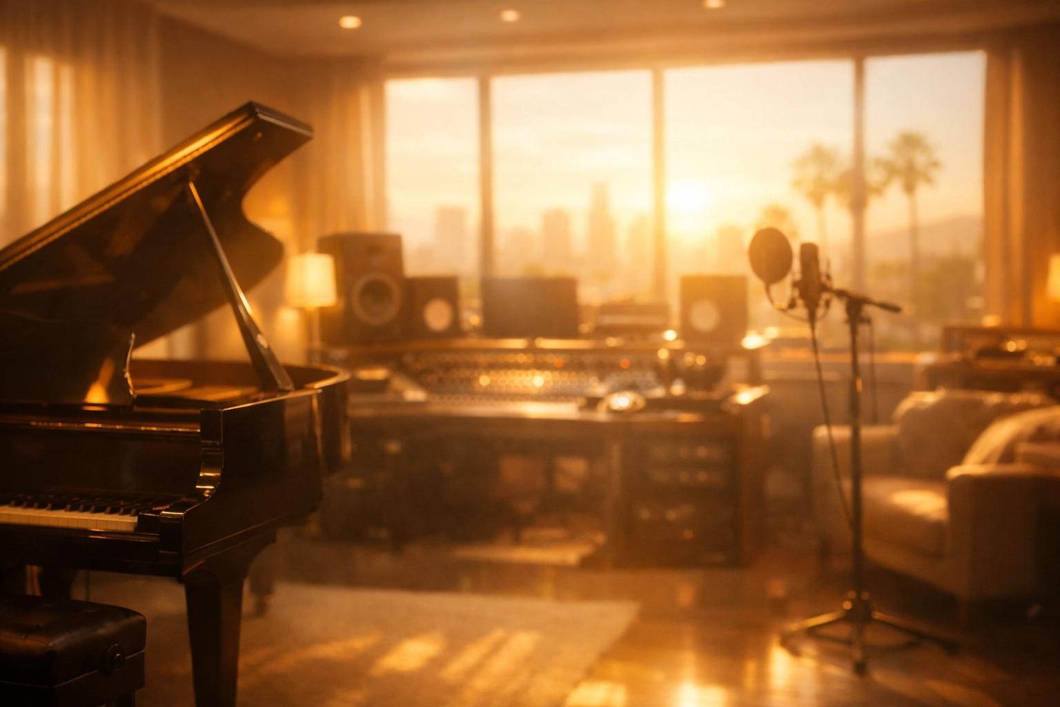 Sun-drenched Los Angeles music studio with a grand piano used for recording Christian worship music.