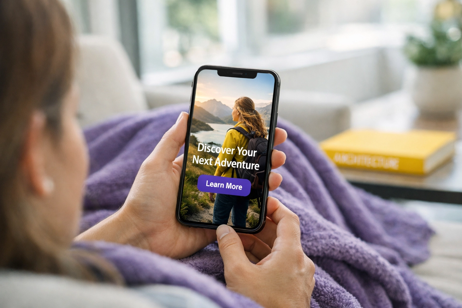 Over-the-shoulder view of a customer viewing a Meta retargeting video ad on their smartphone.