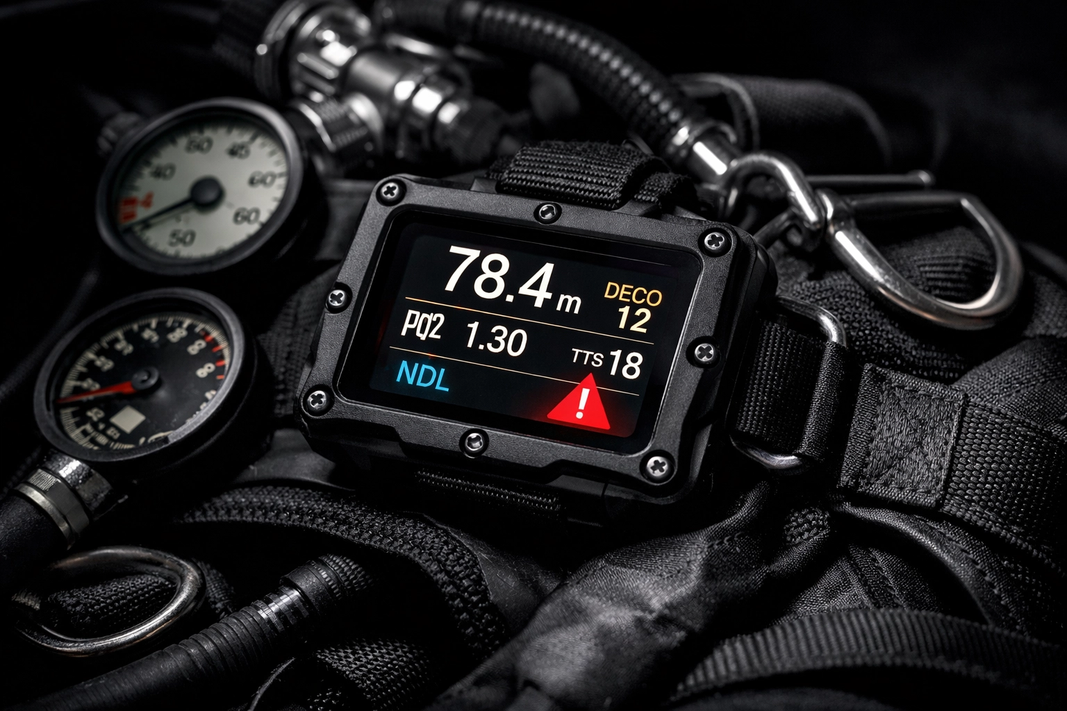 Tauchcomputer mit Fehlermeldung auf technischer Tauchausrüstung