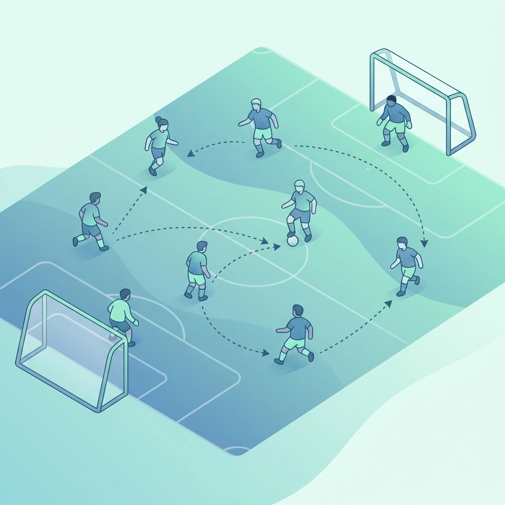 Top-down illustration of a small-sided football match highlighting teamwork and game-based training