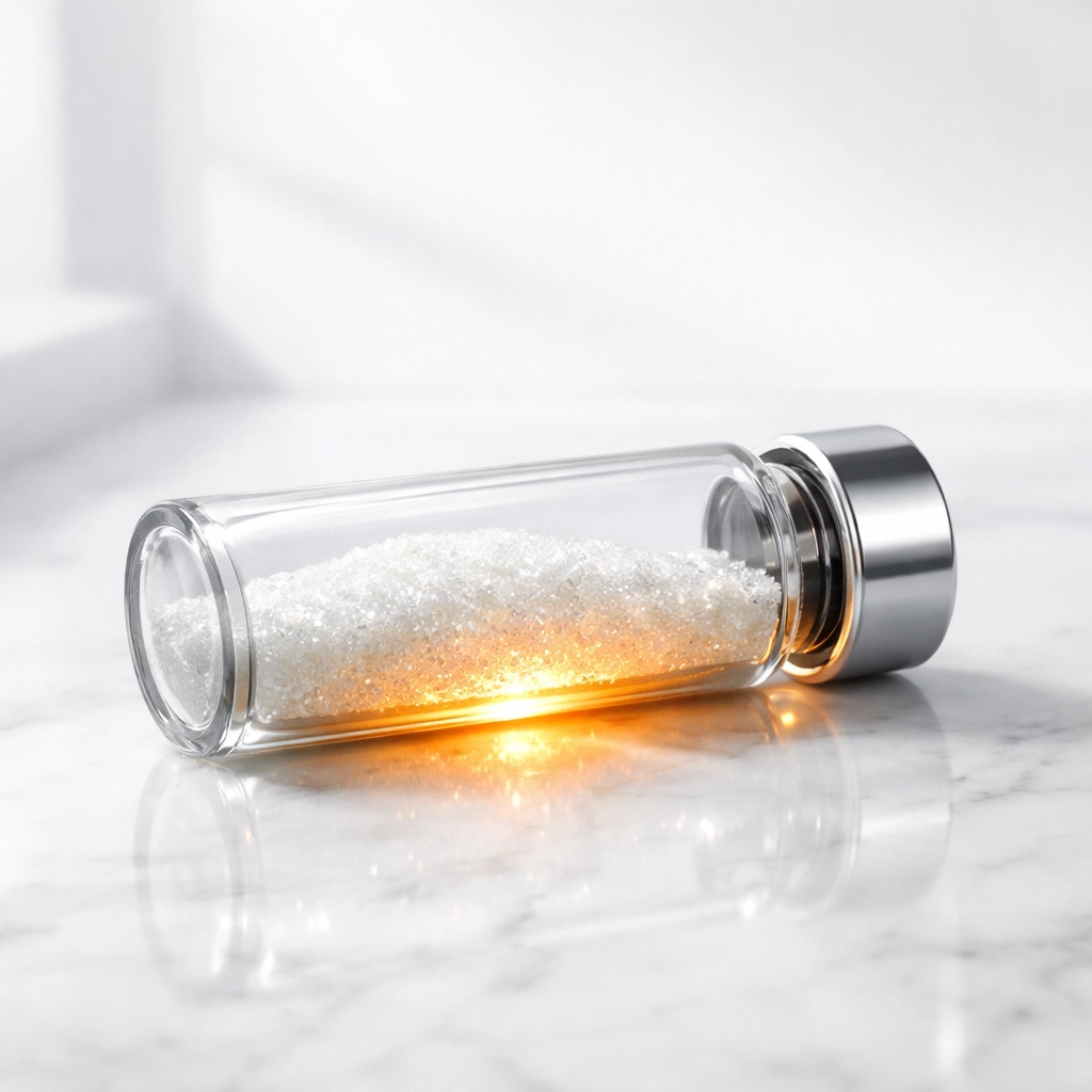 Premium AMPK peptide vial on marble representing the metabolic master switch for cellular research.