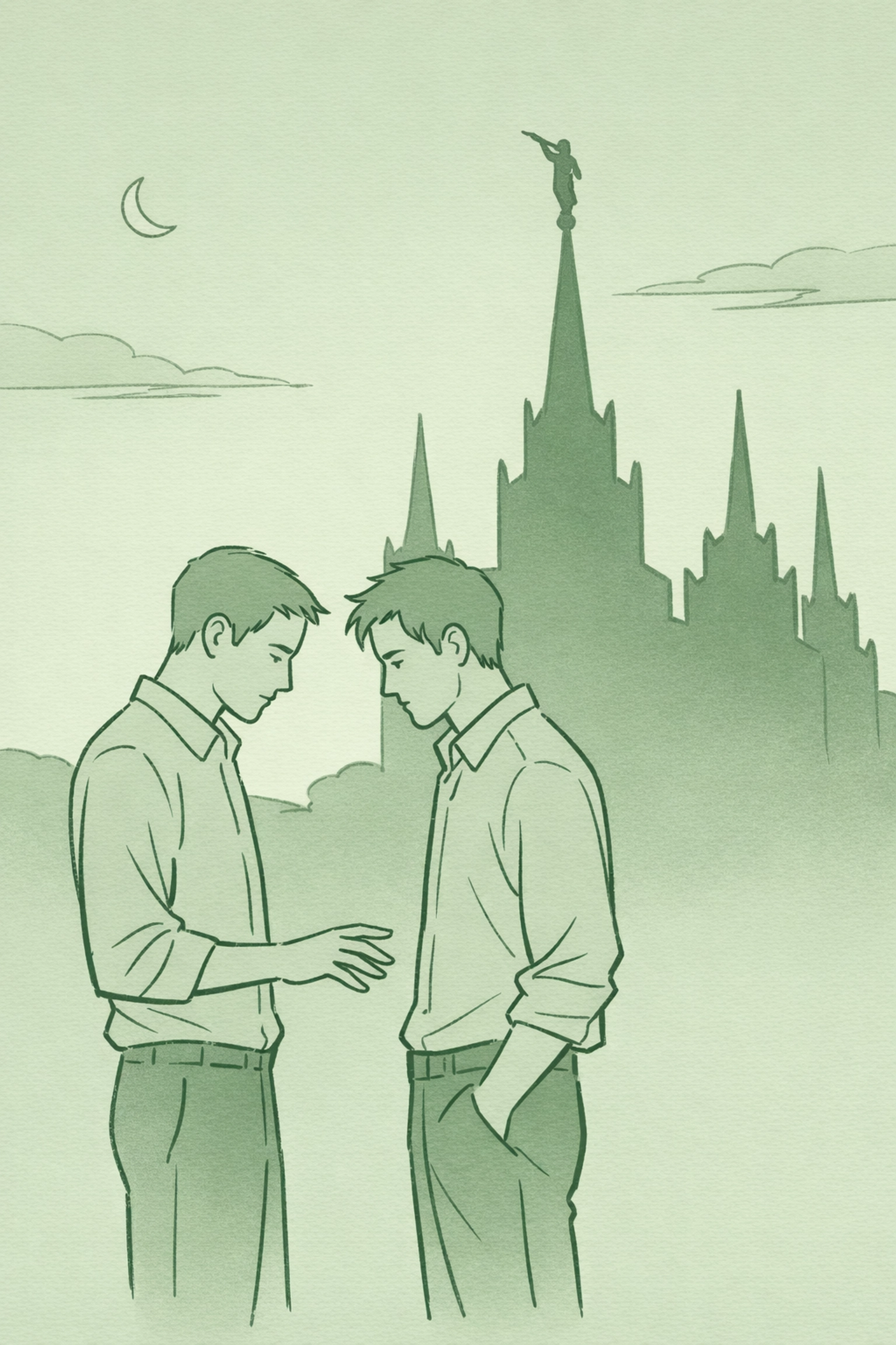 Two men in forbidden MM romance stand near Mormon temple at dusk showing longing and hesitation