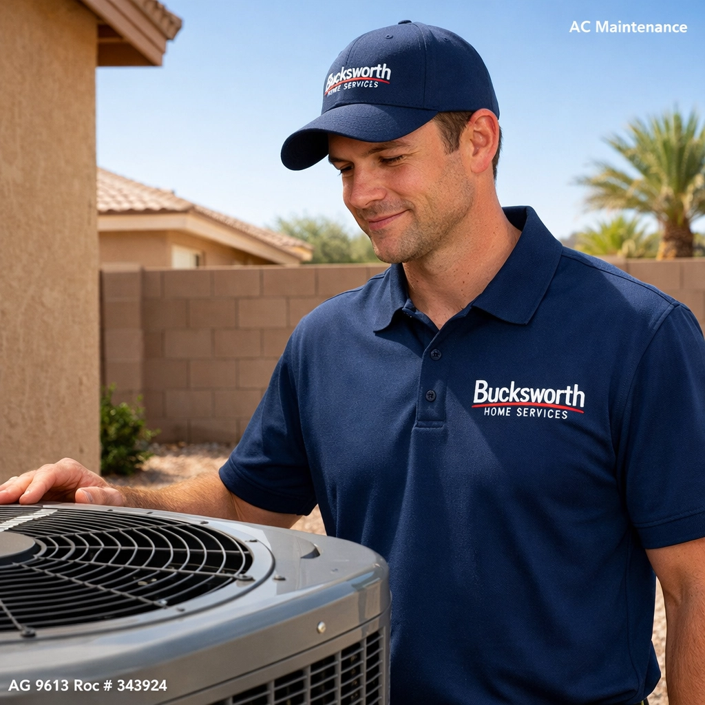 Bucksworth Home Services technician inspecting an outdoor AC unit for annual maintenance in Mesa, Arizona.