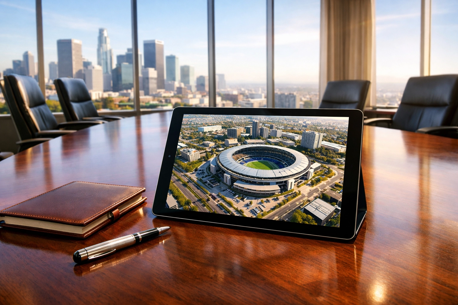 Corporate boardroom featuring a digital stadium map for strategic game day logistics planning.