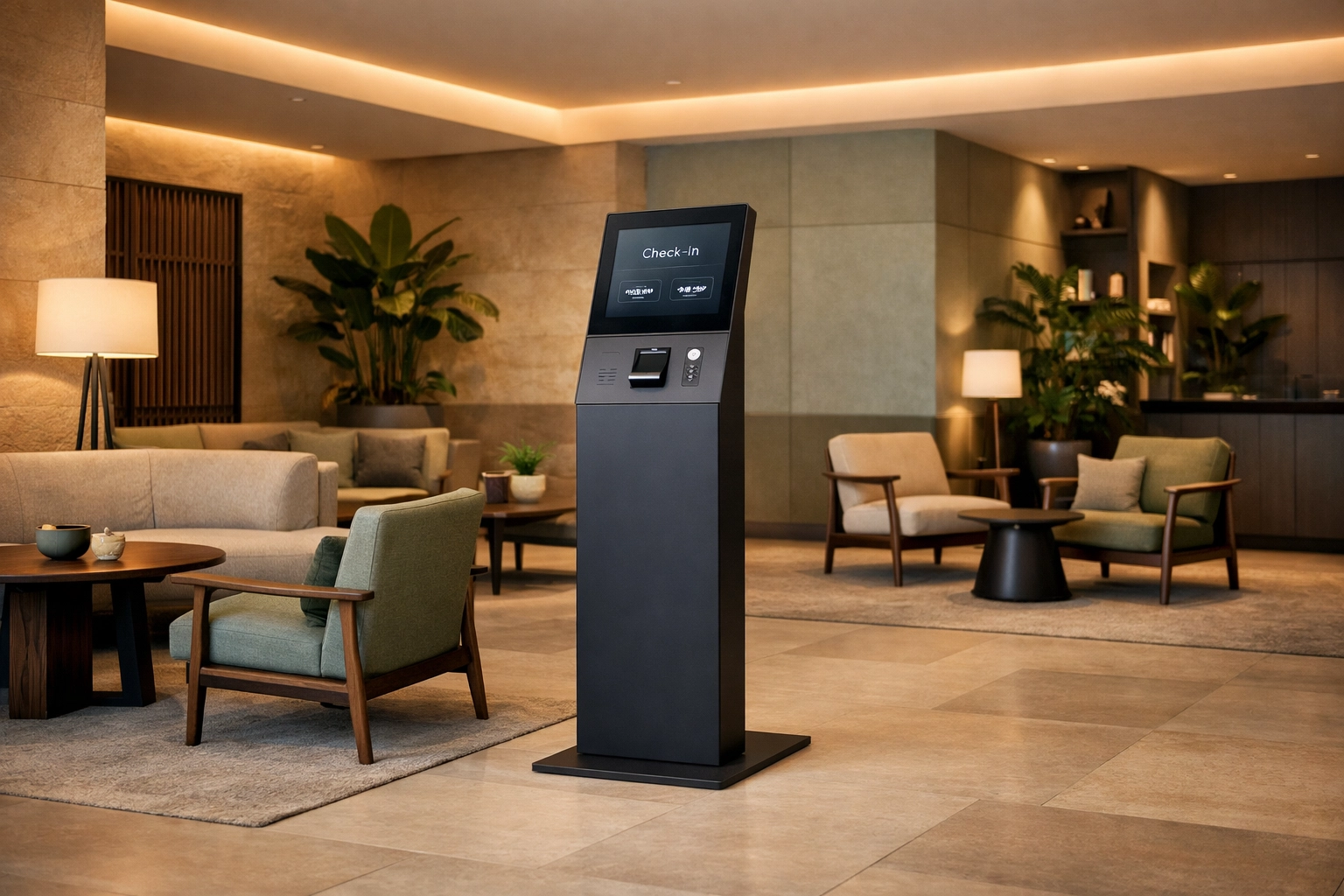 Modern hotel lobby featuring a self-check-in kiosk for efficient automated guest arrival.