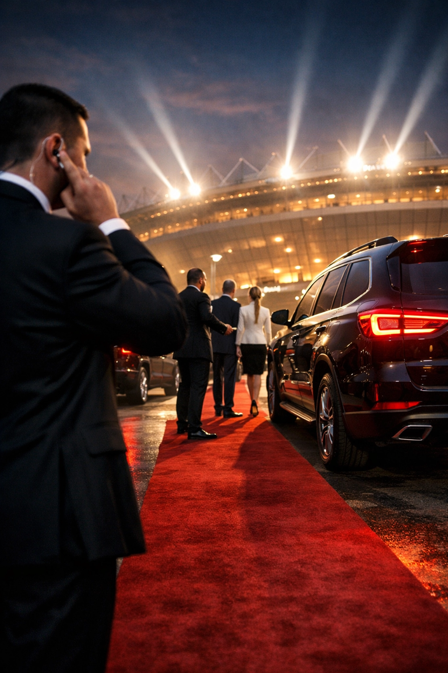 Luxury VIP transportation and security coordination arriving at Super Bowl stadium