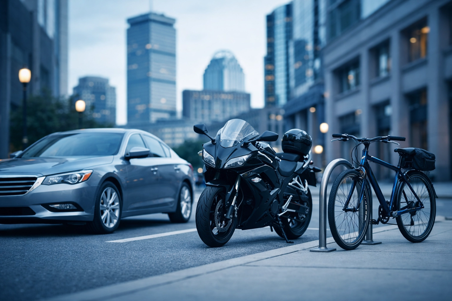 Car, motorcycle, and bicycle on a Massachusetts street illustrating different no-fault insurance rules