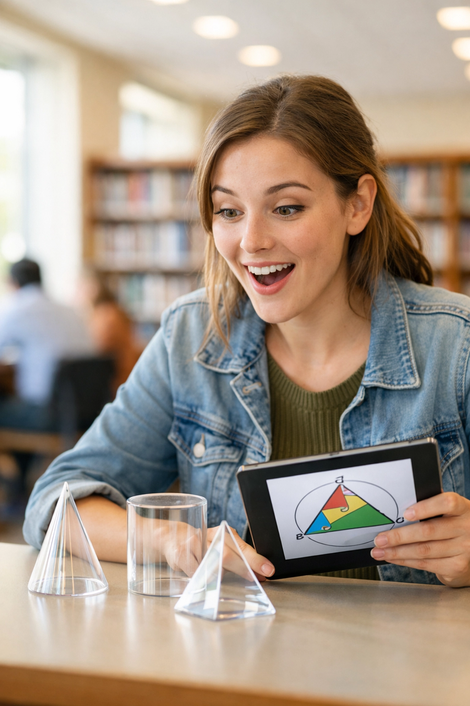 Student reviewing 3D geometric shapes and trigonometry diagrams to enhance her SAT study plan.