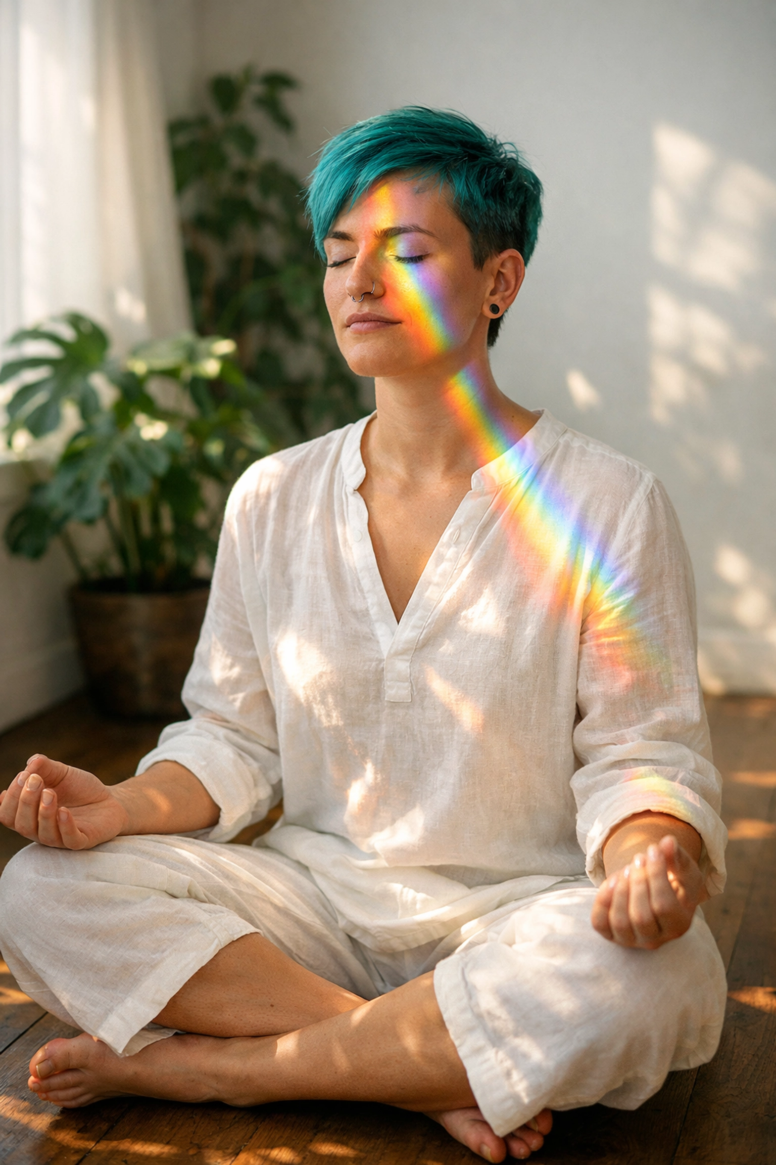 Non-binary person meditating in a sunlit room with rainbow light, representing queer spirituality and inner peace.
