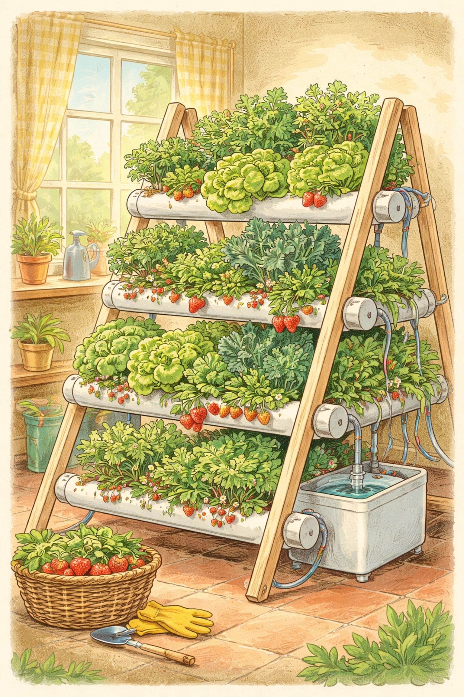 Indoor A-frame hydroponic garden with butter lettuce, herbs, strawberries, and kale thriving in natural sunlight.
