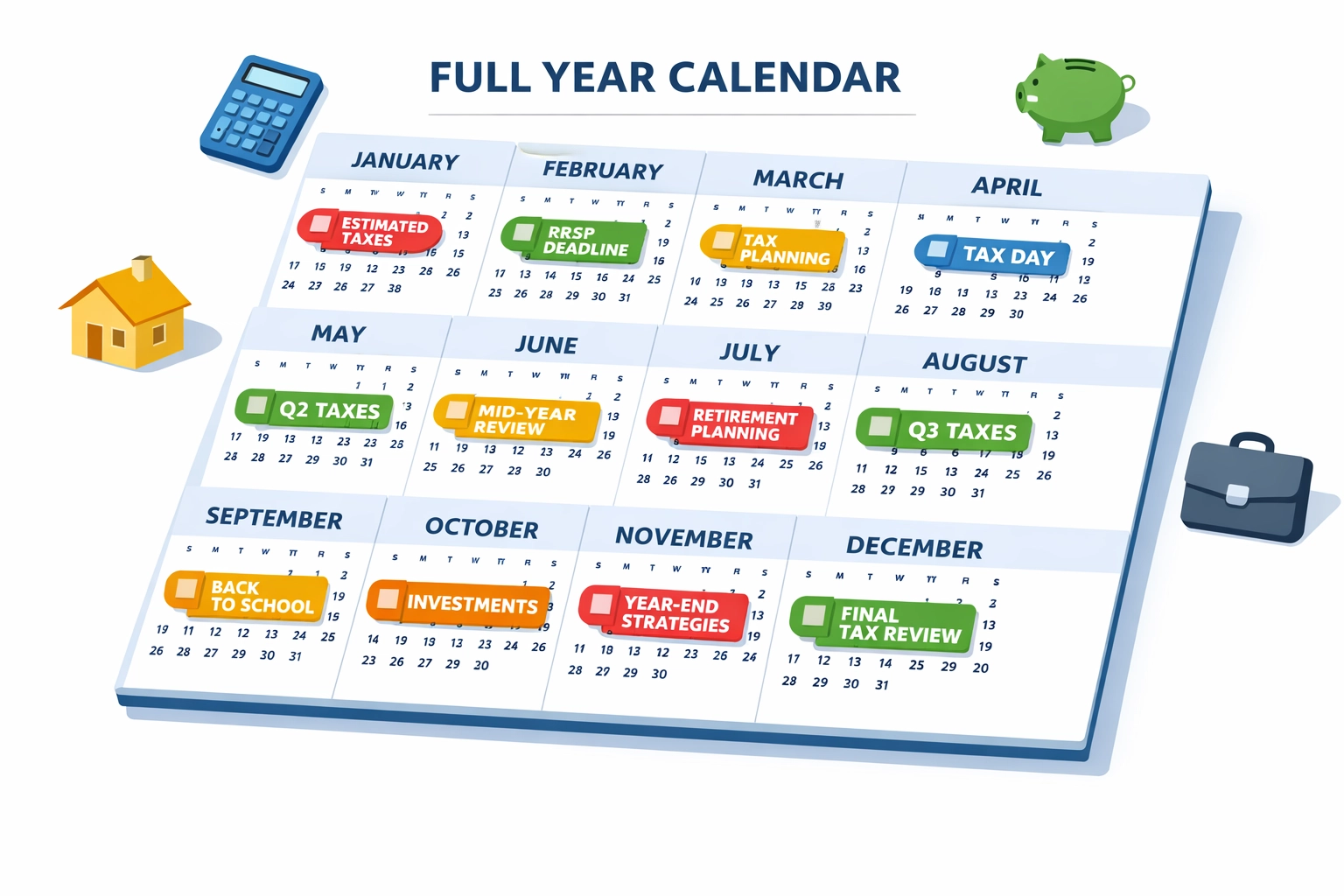Year-round tax planning calendar showing key tax dates and milestones