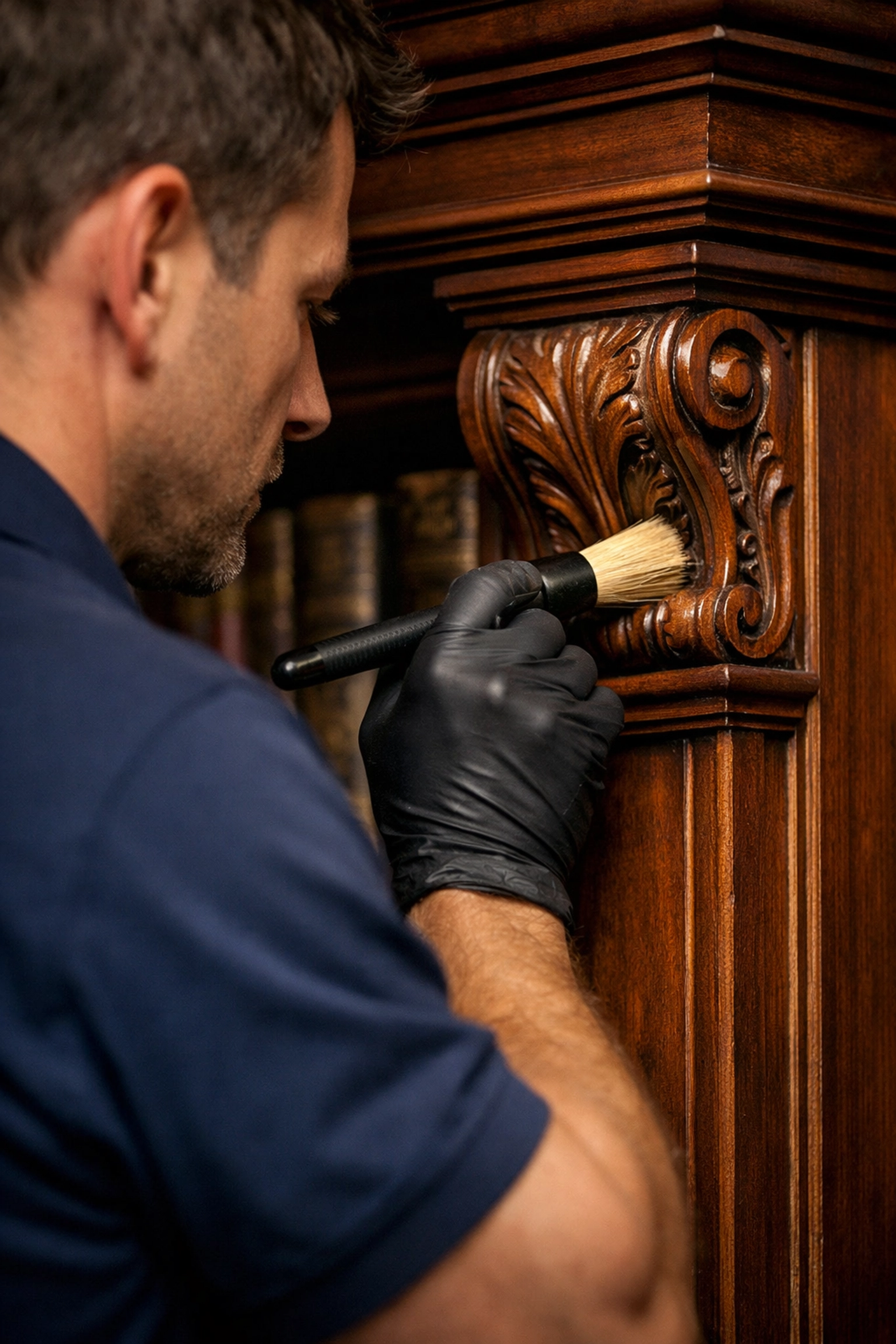 Professional Hamilton luxury house cleaning technician detailing an ornate mahogany bookshelf.