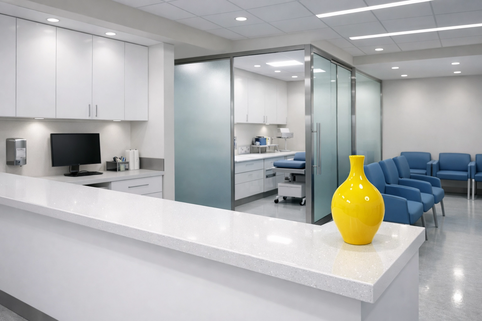 Sterile medical office suite in Marshfield featuring pristine surfaces and professional organization.