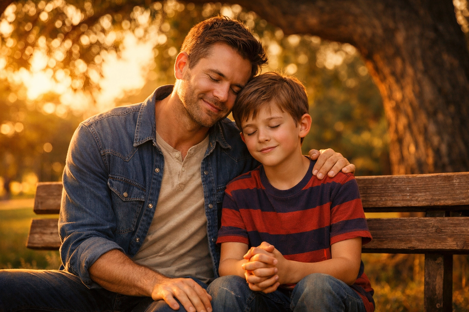 A father and son praying together on a park bench, showing a beginner's guide to family prayer and faith habits.