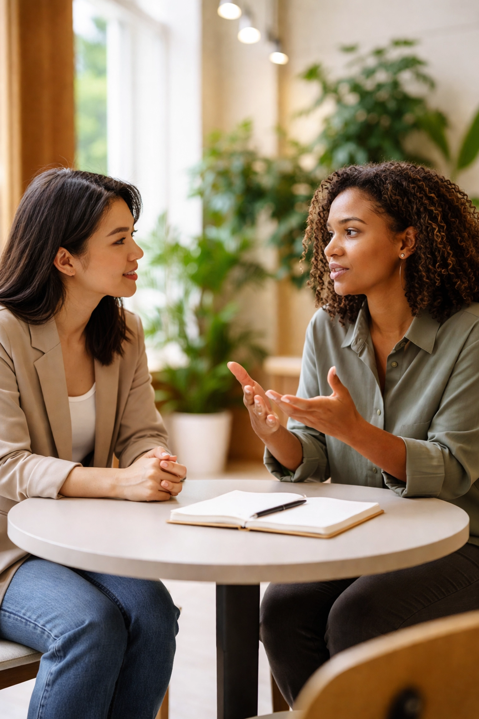 Two leaders in a dynamic coaching session, demonstrating focused leadership development