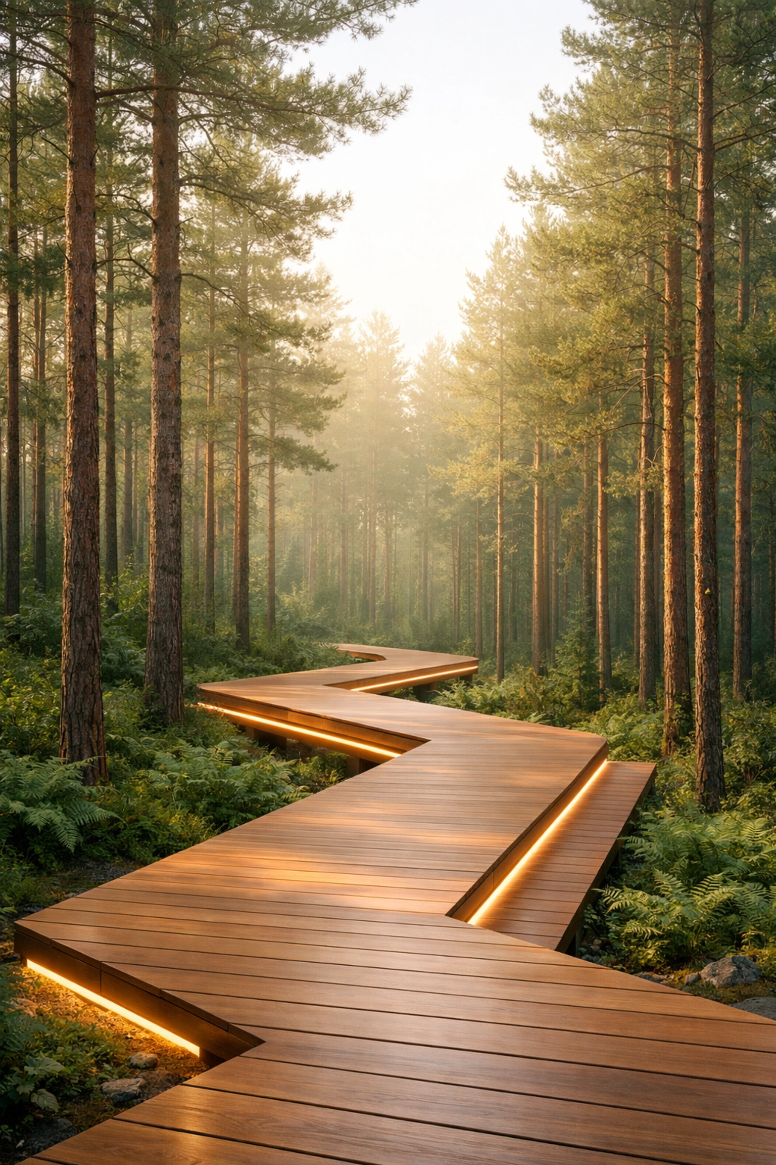 A modern boardwalk through a Conroe pine forest, showing new neighborhood growth in Northwest Houston.