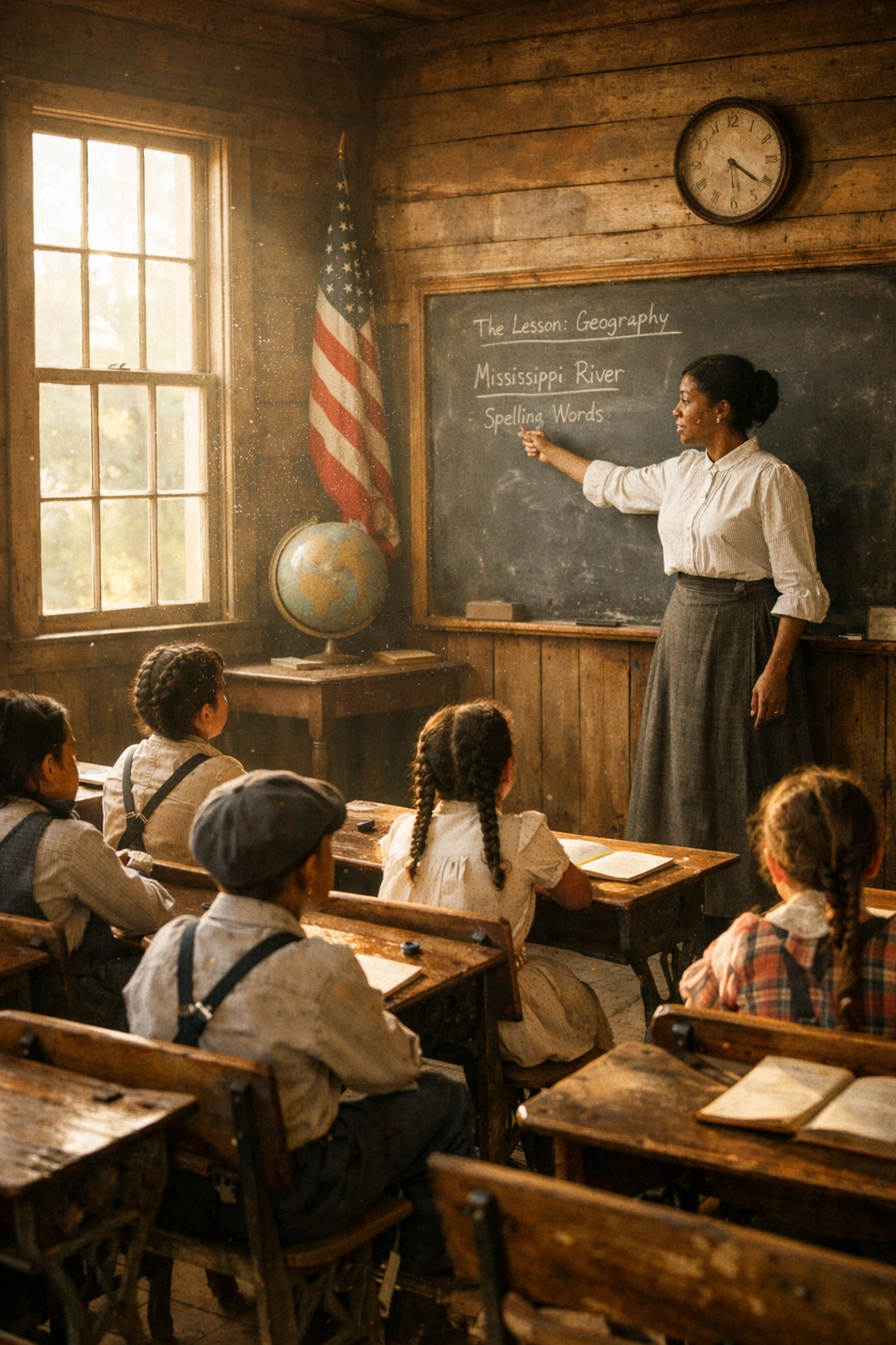 African American teacher and students inside the historic Allensworth schoolhouse, a pillar of the community.