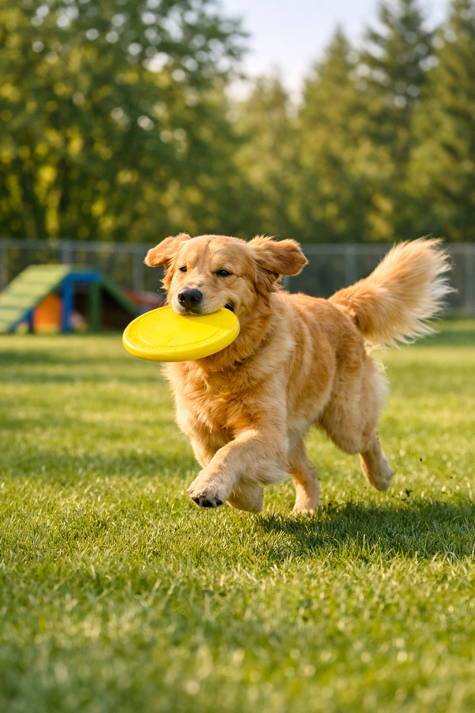 Active Golden Retriever playing with a frisbee in the outdoor daycare yard at Green Acres K-9 Resort in Boring, Oregon.