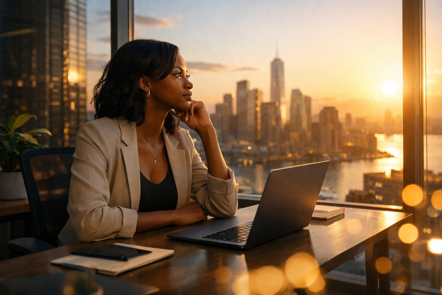 Black professional woman reflecting on faith-based career coaching at modern office workspace