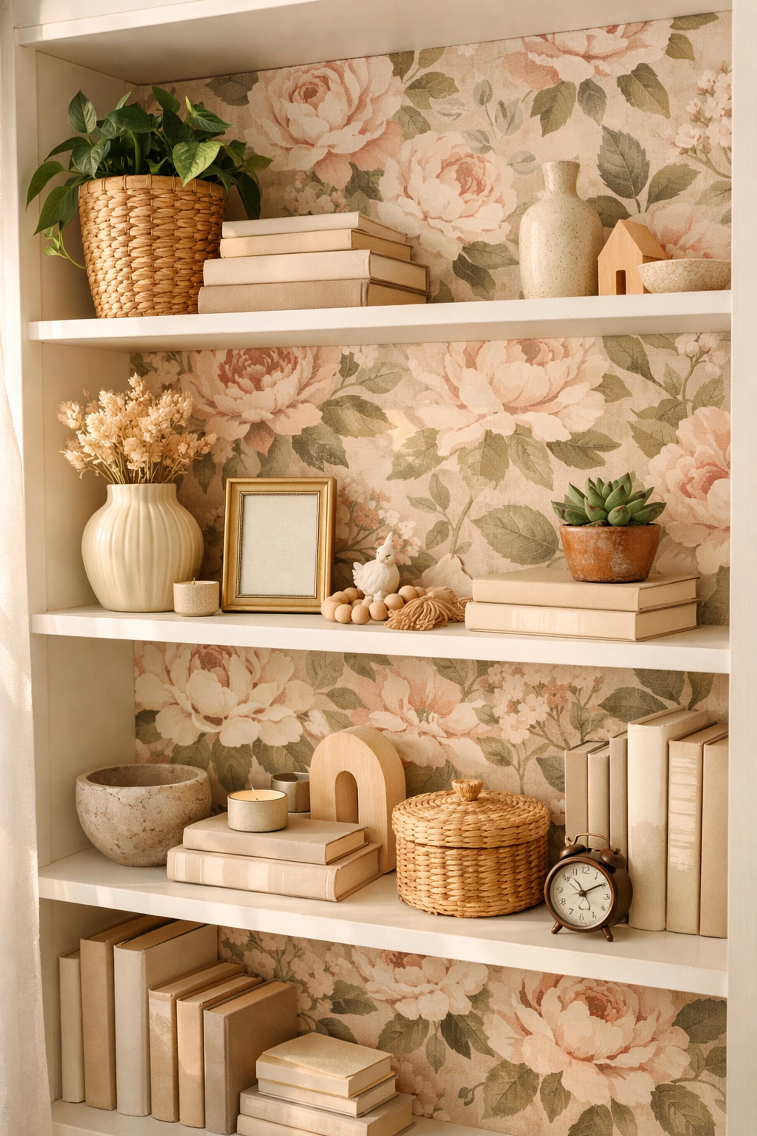 White bookshelf with floral wallpaper backing displaying books and decorative plants