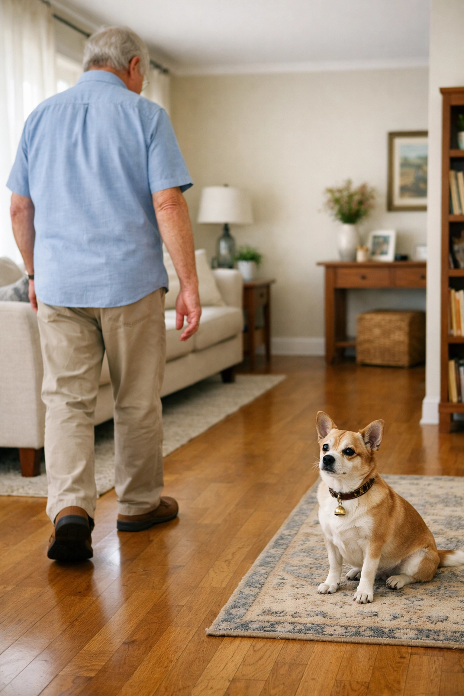 Elderly man walking safely in a tidy living room with his dog sitting away from the clear floor path.