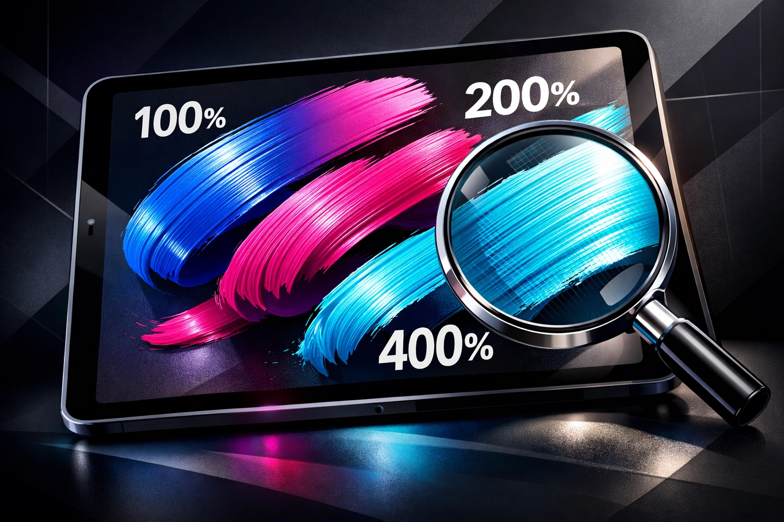 Procreate brush strokes shown at multiple zoom levels demonstrating dynamic scaling feature