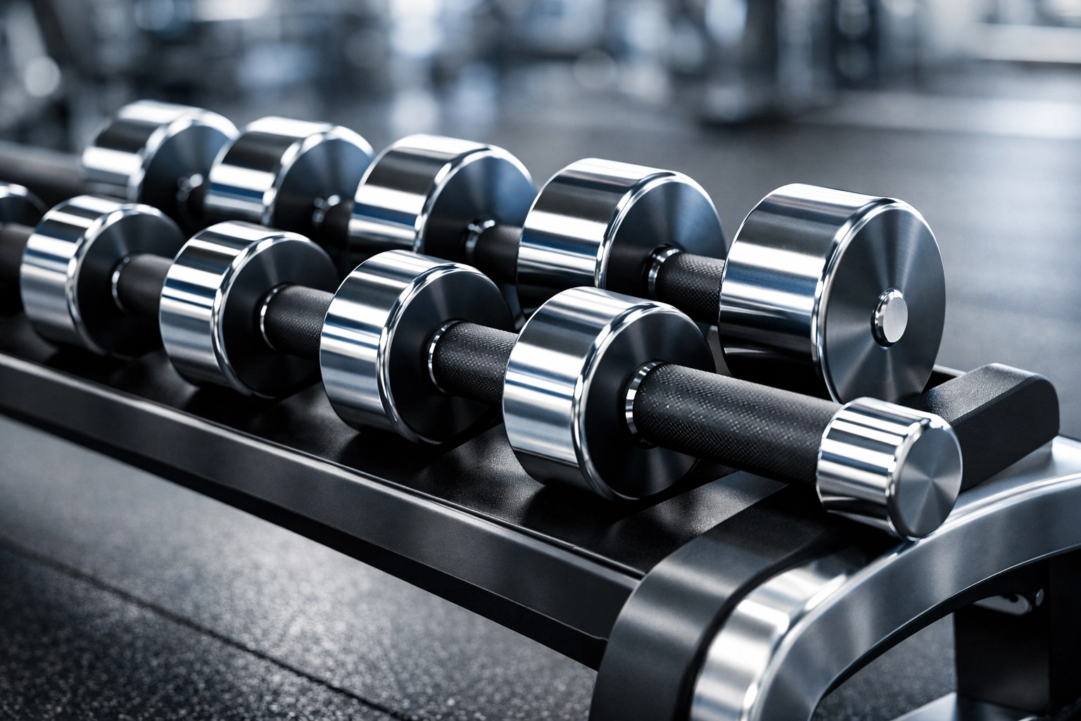 Sanitized chrome dumbbells on a clean rack in a germ-free high-end fitness center.