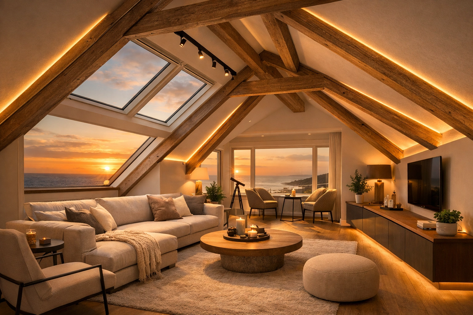 Stunning luxury loft conversion in Bognor Regis featuring vaulted ceilings and modern skylights.