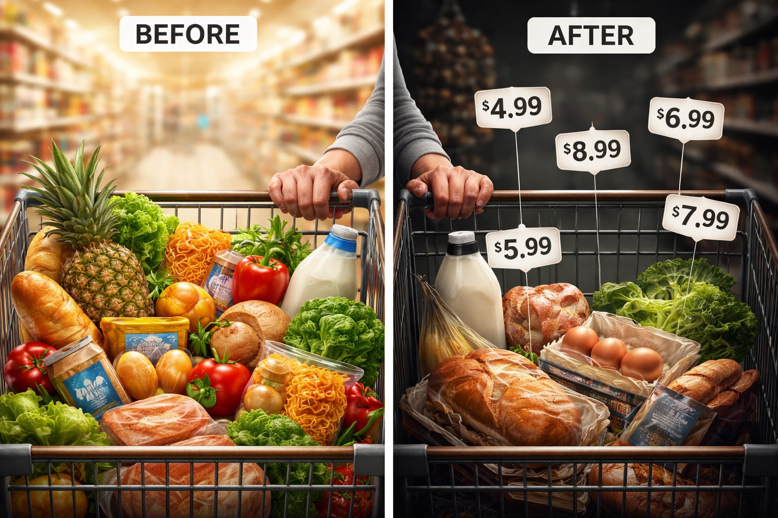 Split image of grocery carts before and after inflation, showing price hikes and reduced purchasing power