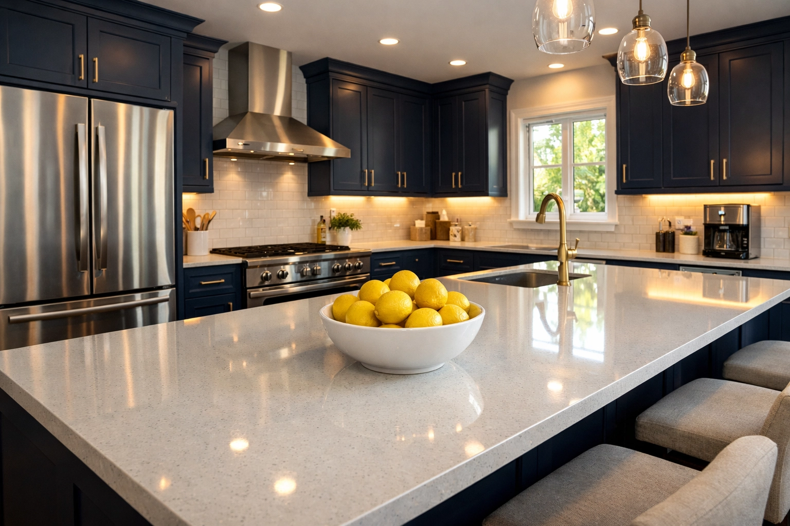 Spotless modern kitchen in Fitchburg MA with polished countertops and clean appliances.