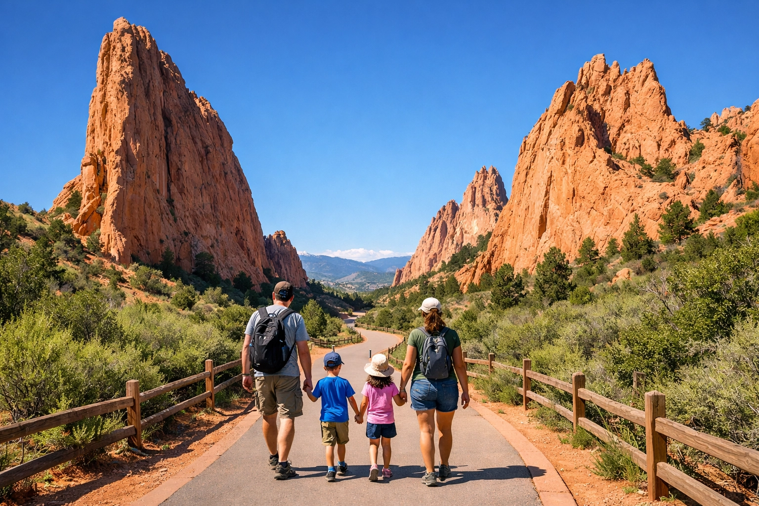 Family hiking at Garden of the Gods in Colorado, using essential photography gear to capture the landscape.