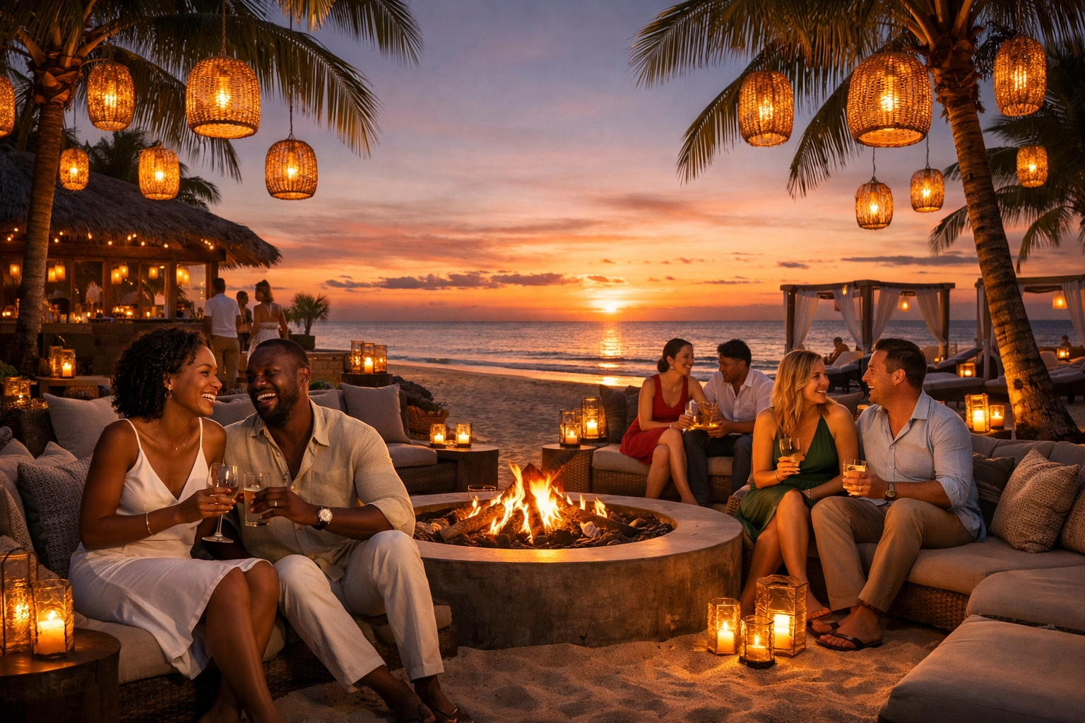 Couples enjoying a sunset bonfire at an adults-only resort booked via a travel planning service.