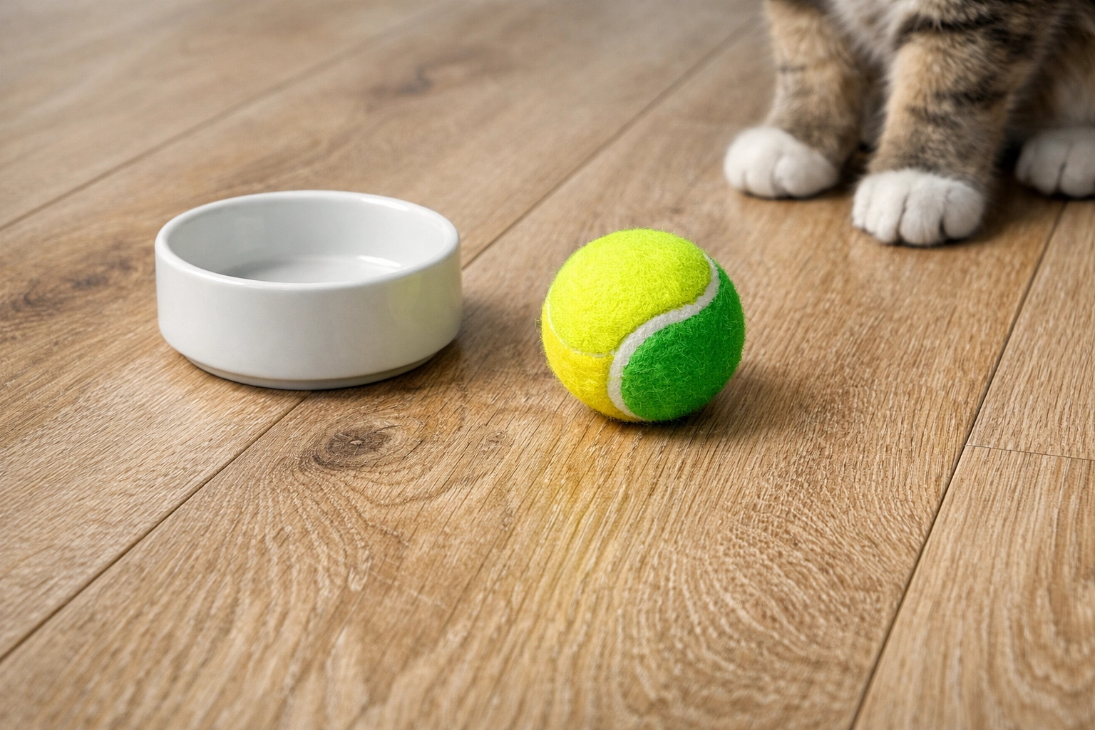 Close-up of scratch-resistant light-oak luxury vinyl plank flooring with a pet bowl in a Saskatoon rental.