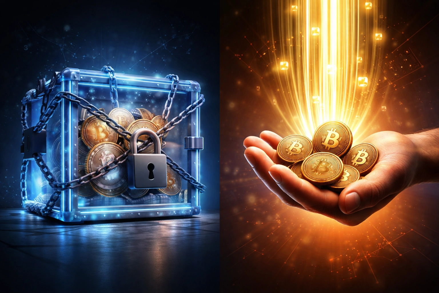 Comparison of two crypto wallets: one locked vault symbolizing custodial control, the other an open hand showing self-custody and full crypto access.
