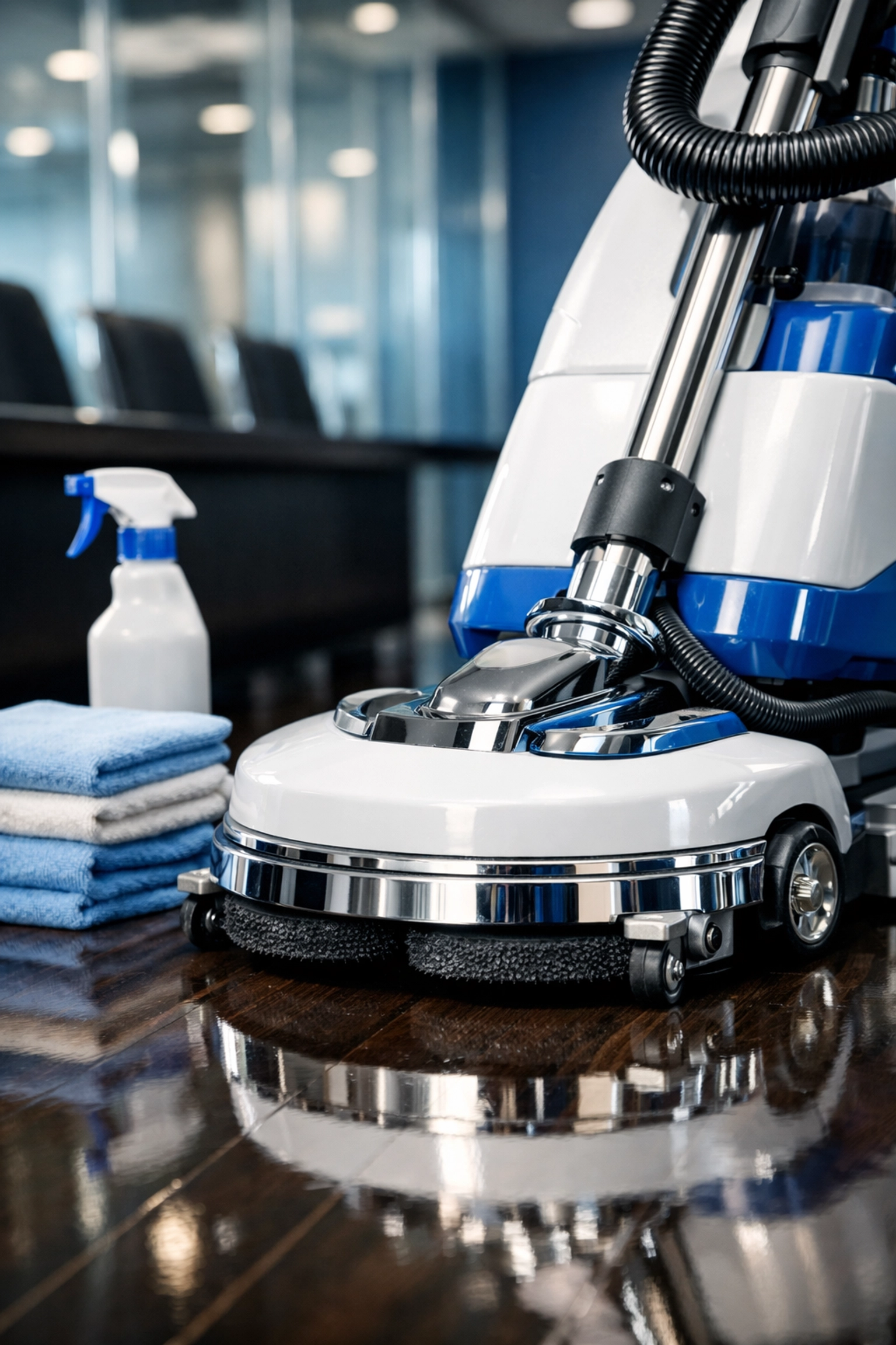 Professional cleaning equipment on a polished boardroom floor for Marshfield business maintenance.