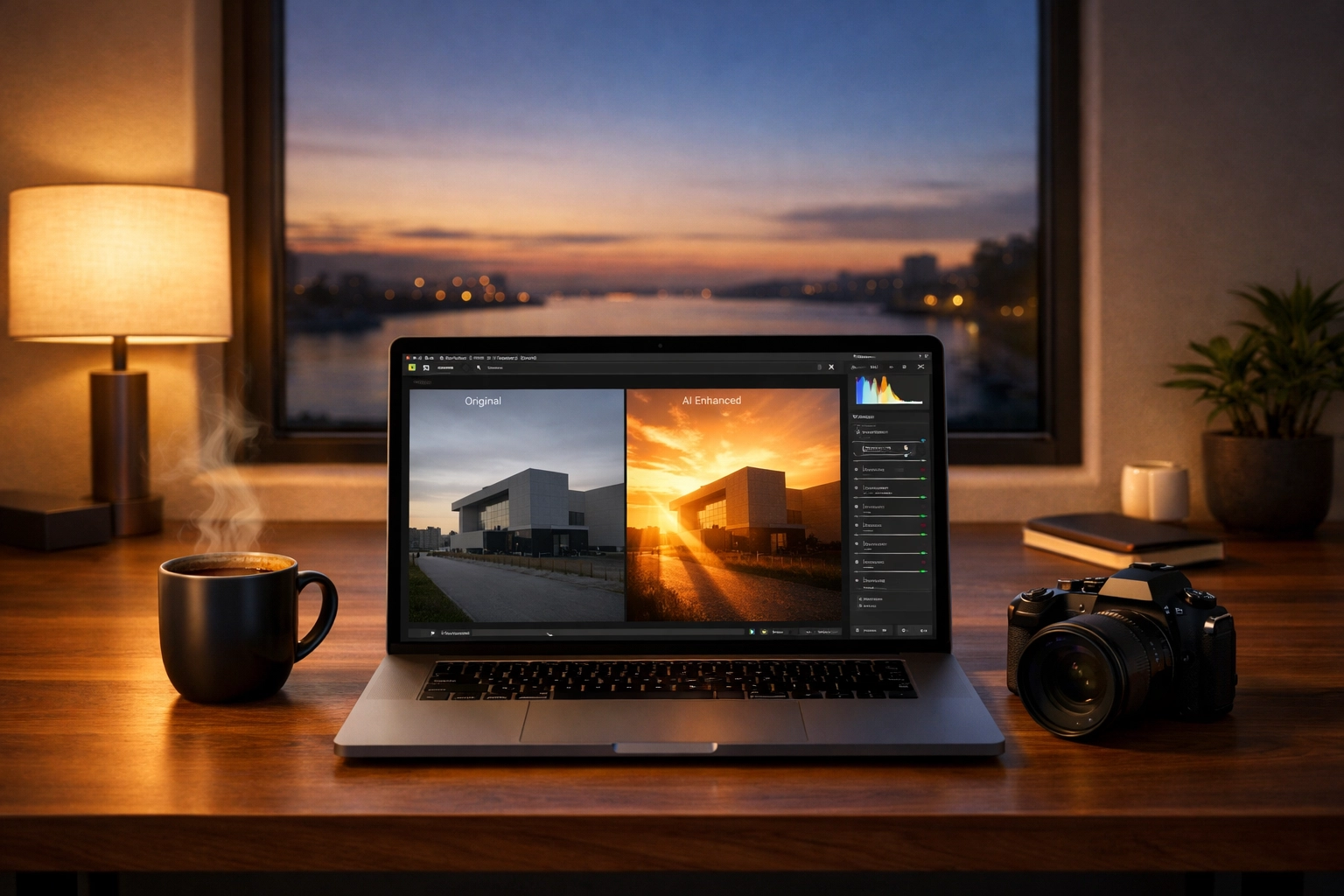 Editing a landscape photo with Luminar AI software to achieve perfect lighting and luminosity.