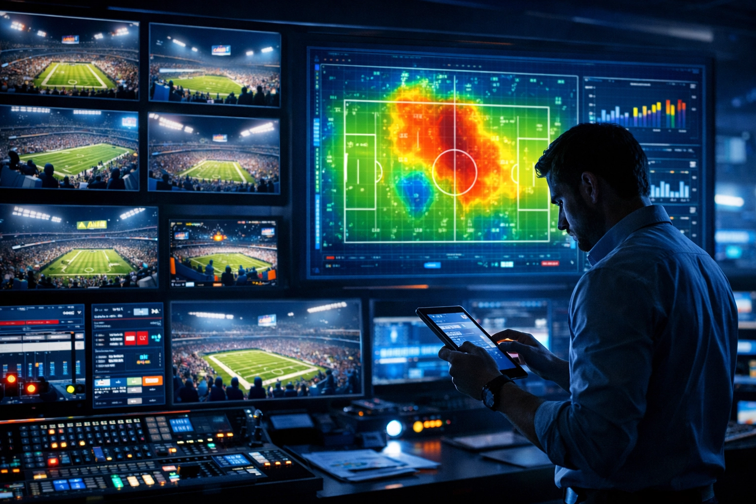 Media strategist analyzing real-time stadium data analytics in a control room for Super Bowl marketing ROI.