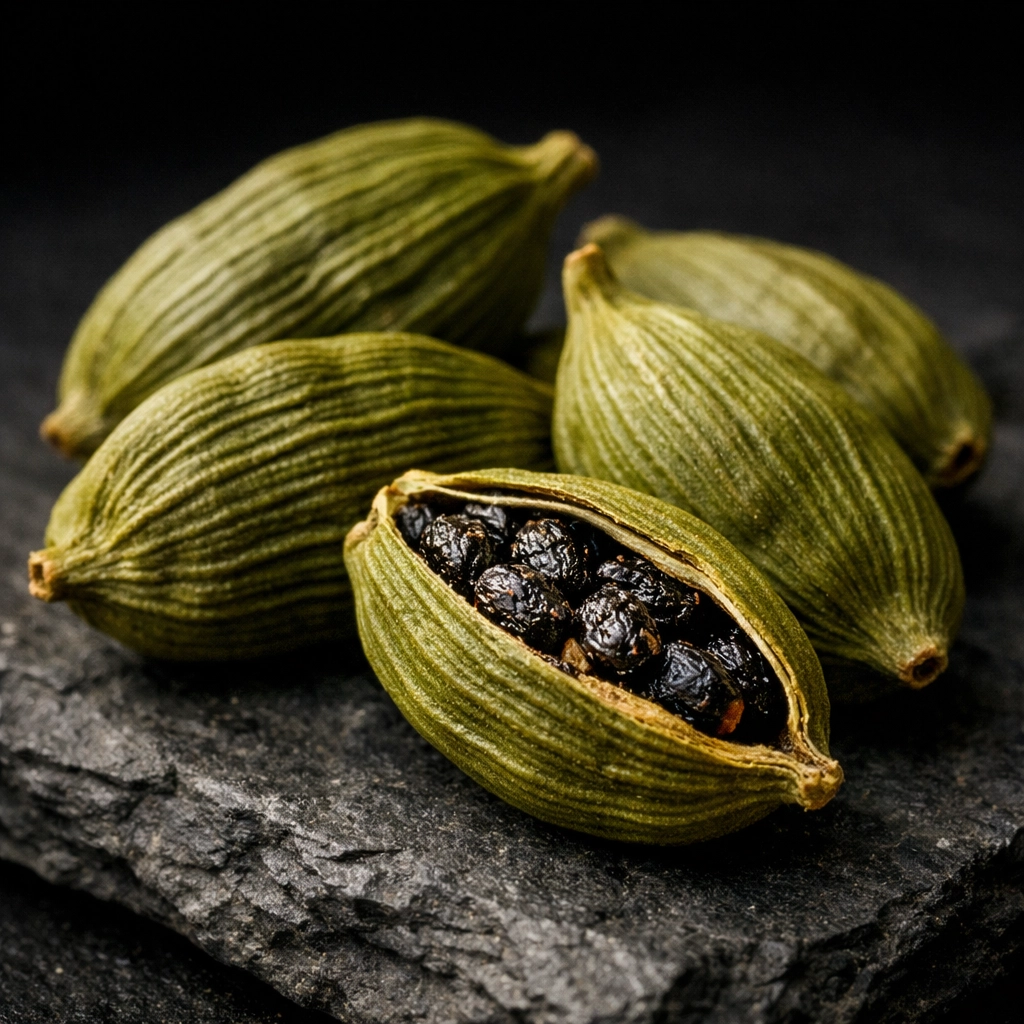 Macro photo of plump green cardamom pods with dark, oil-rich seeds on a dark background.