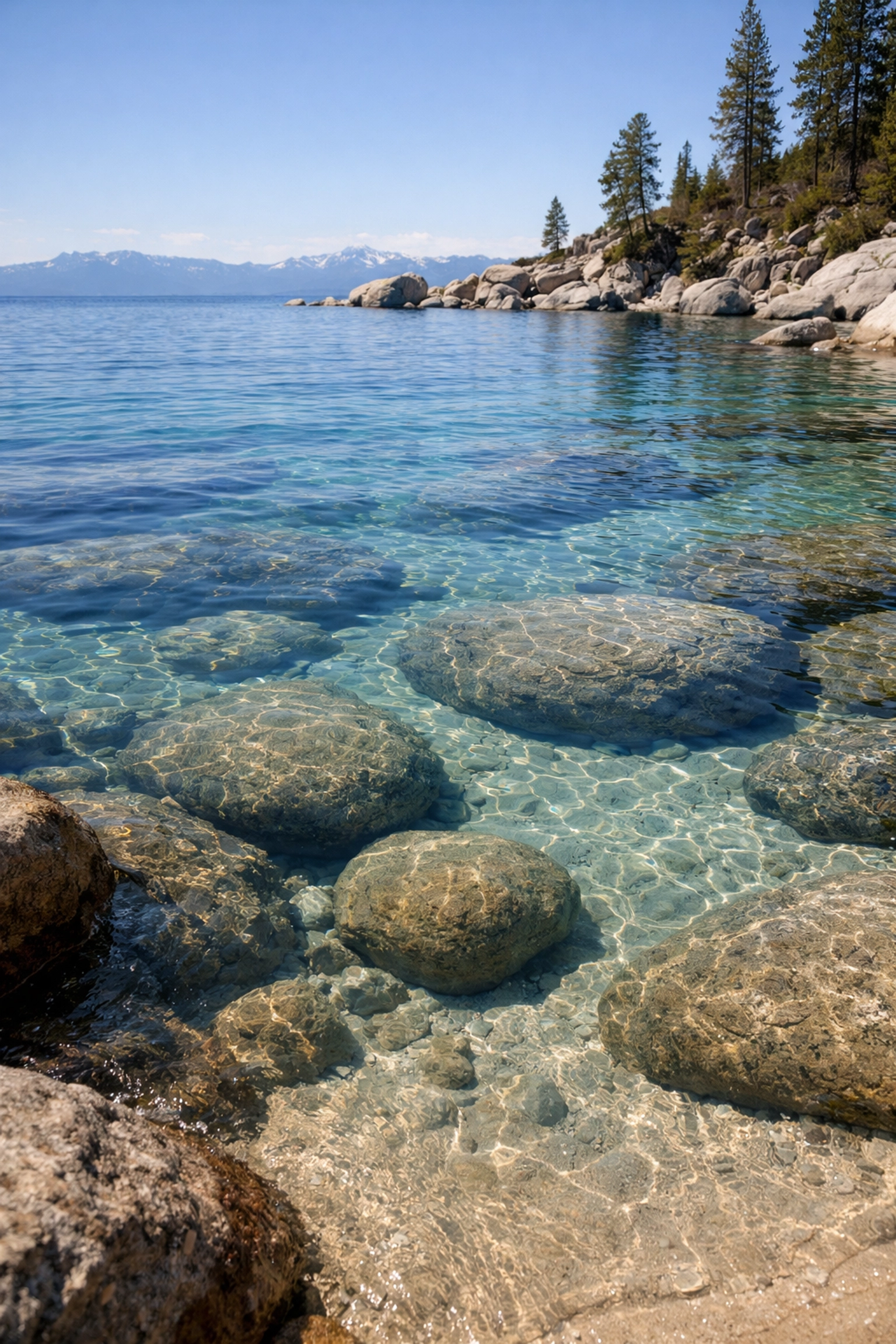 Turquoise water and boulders at Secret Cove, perfect for landscape photography in Lake Tahoe.