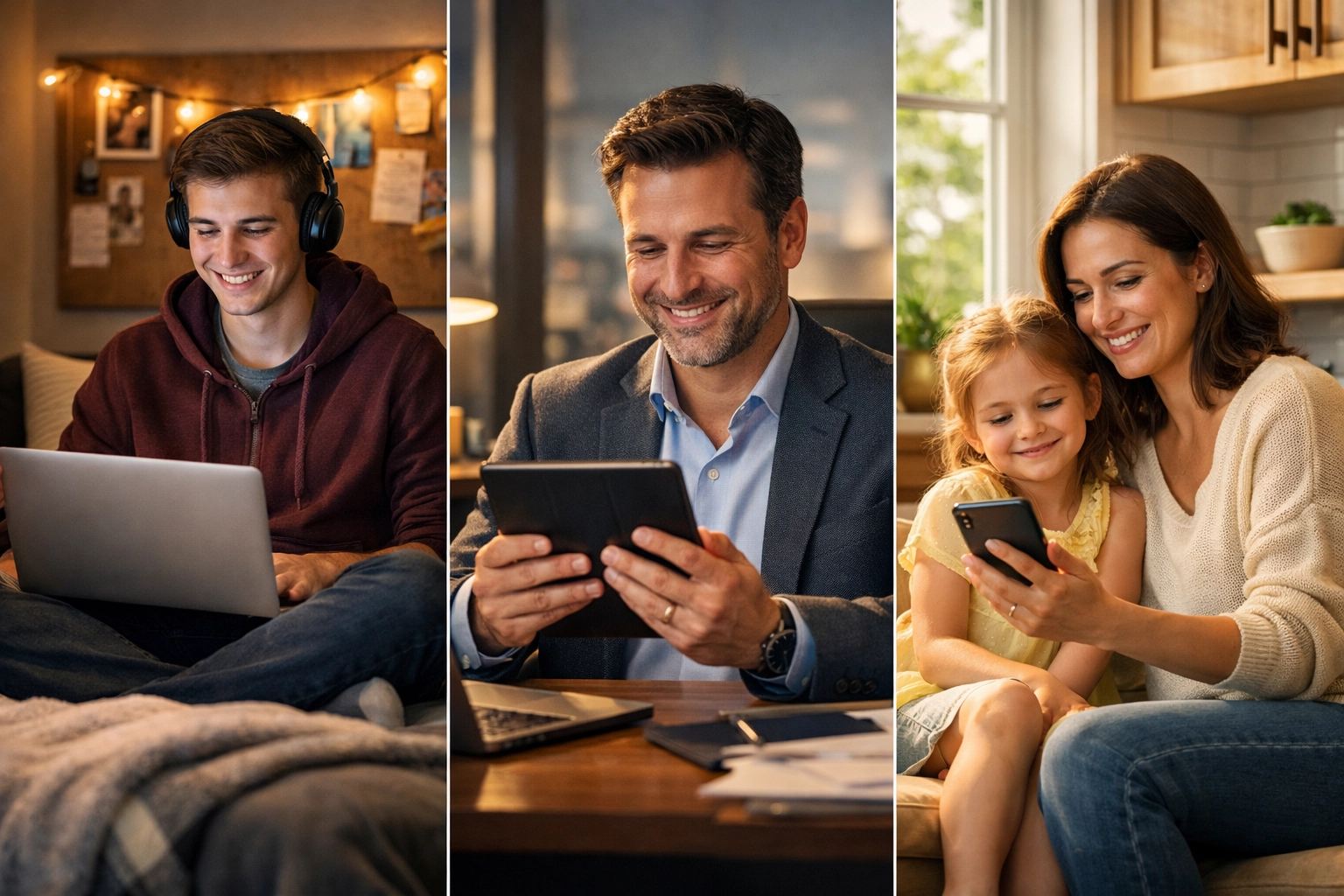 A family connecting for online therapy sessions from three different locations via digital devices.
