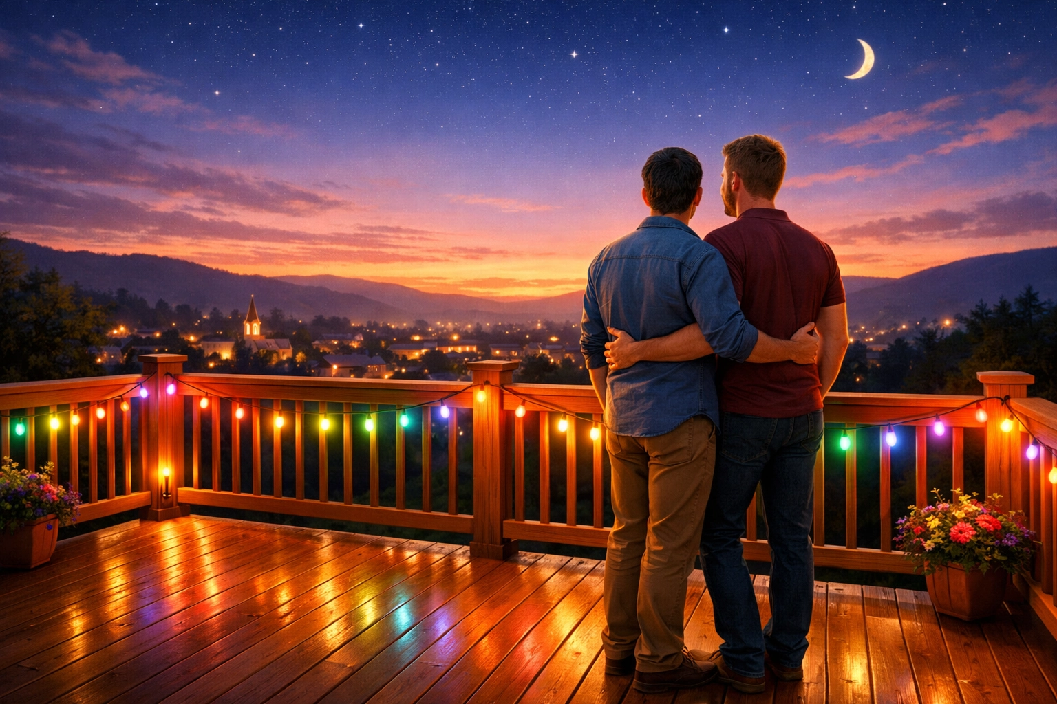 A gay couple embraces on a deck with rainbow lights, celebrating a romantic happy ending in a new MM novel.
