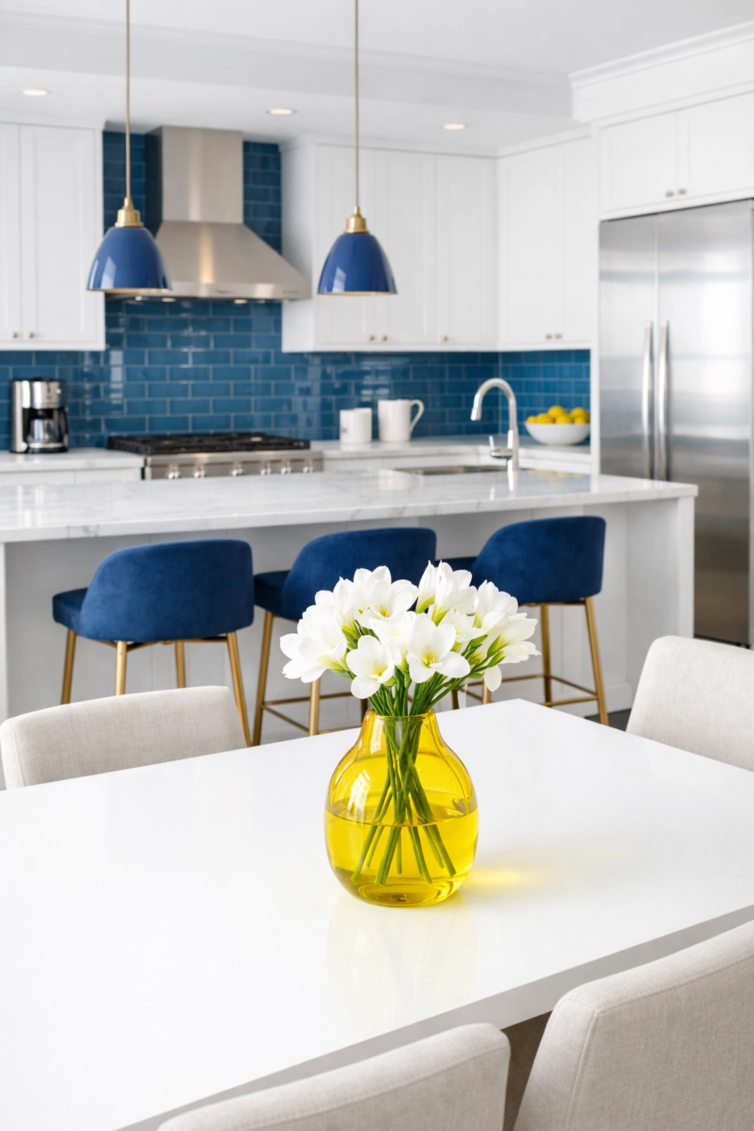 Spotless apartment kitchen in Leominster featuring clean white cabinets and reflective marble countertops.