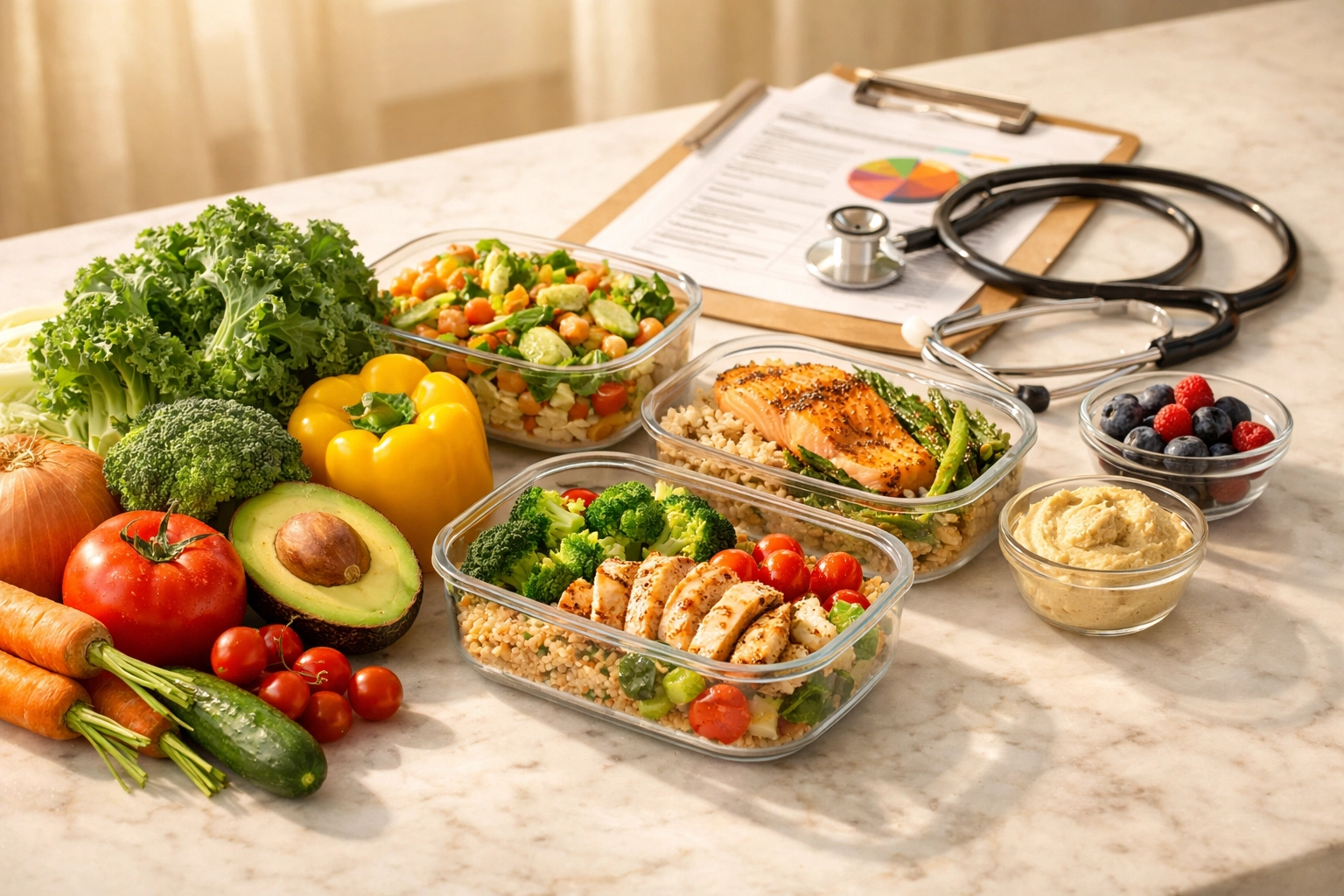 Healthy meal prep with medical stethoscope showing medically managed nutrition guidance