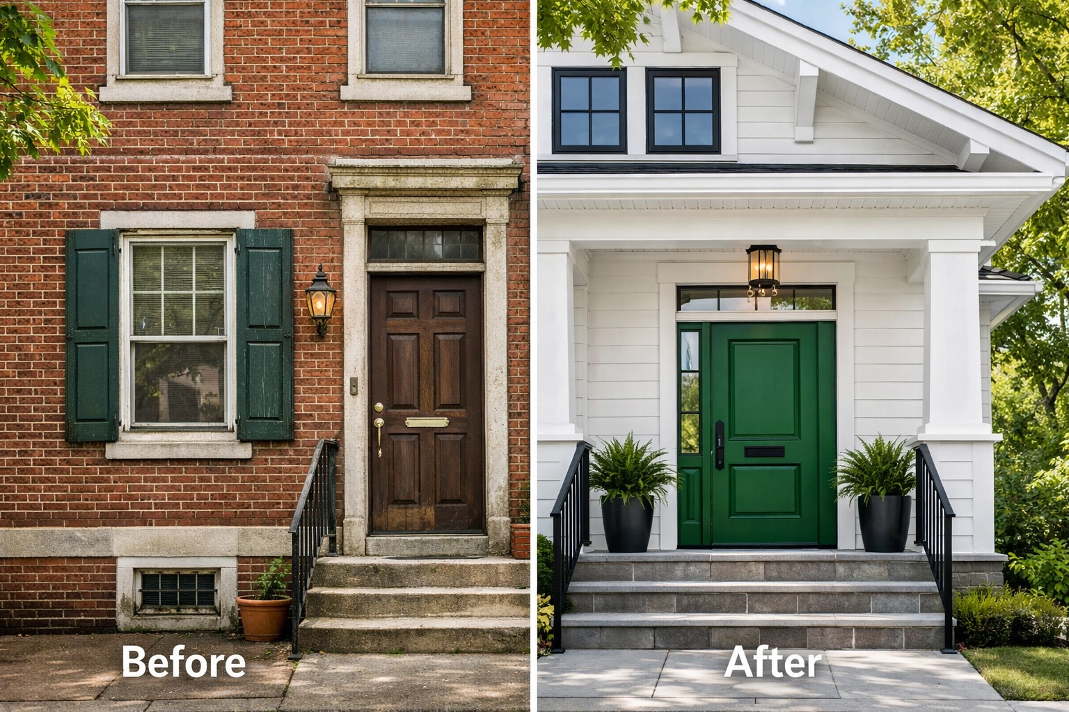 A split-view showing a renovated BRRRR property in Pennsylvania with a modern white exterior and green door.